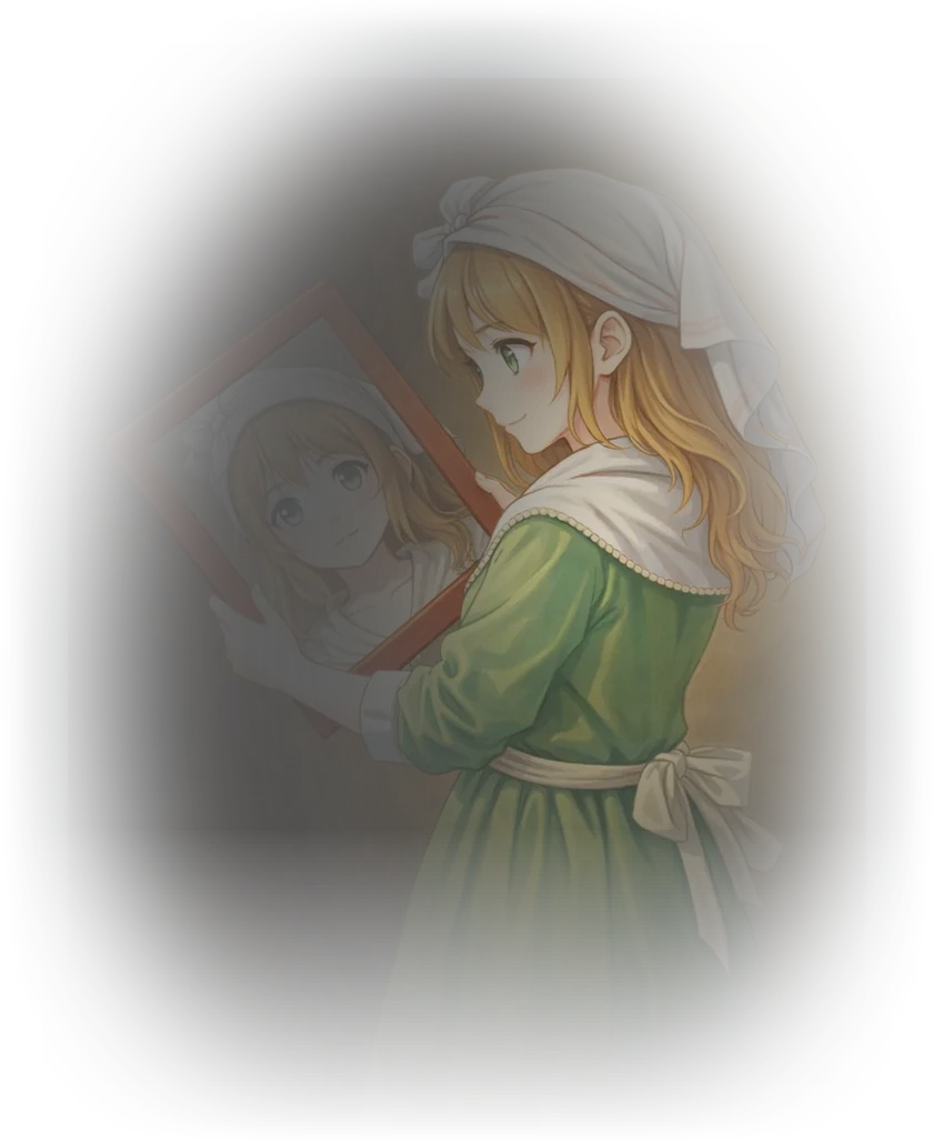 青羽つむぐ。白い頭巾に緑のドレスの少女が、手にした鏡に映る自分を見ている（油彩風の挿絵）