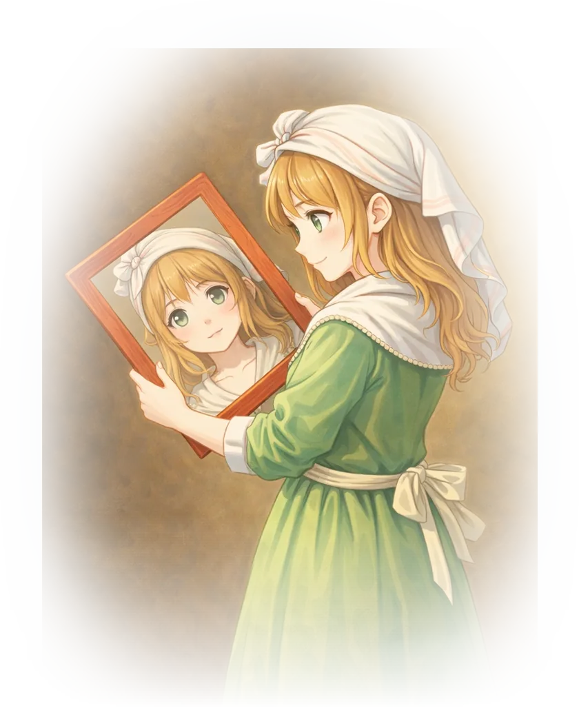 青羽つむぐ。白い頭巾に緑のドレスの少女が、手にした鏡に映る自分を見ている（油彩風の挿絵）